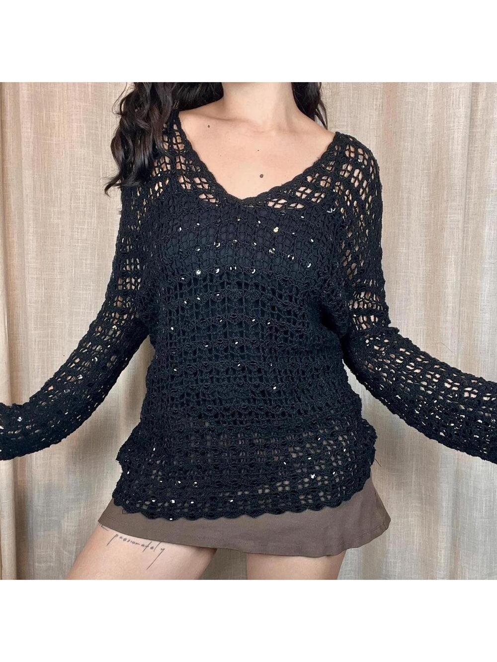 Black Sequin Crochet Sweater